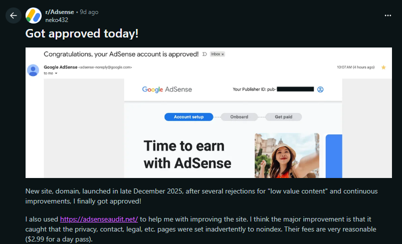 Reddit post from neko432 - Got approved today!